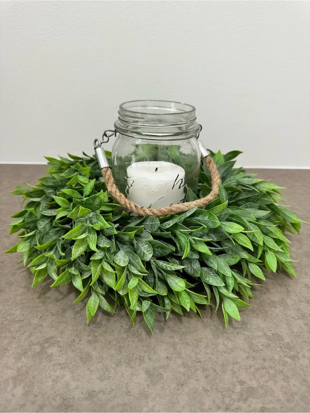 Lush Artificial Ruscus Rainwashed Green Leaf Wreath Candle Ring Home Holiday 13”